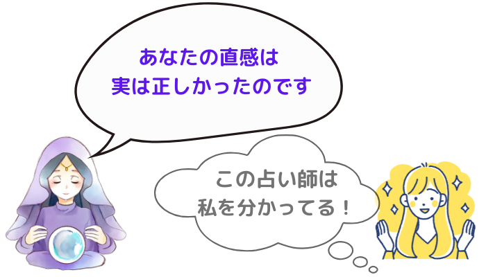 自己肯定欲求の利用を使った、霊視のからくり例。占い師「あなたの直感は実は正しかったのです」相談者「この占い師は、私を分かってる!」