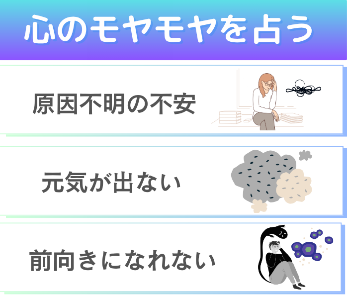心のモヤモヤを占う。原因不明の不安、元気が出ない、前向きになれないなど