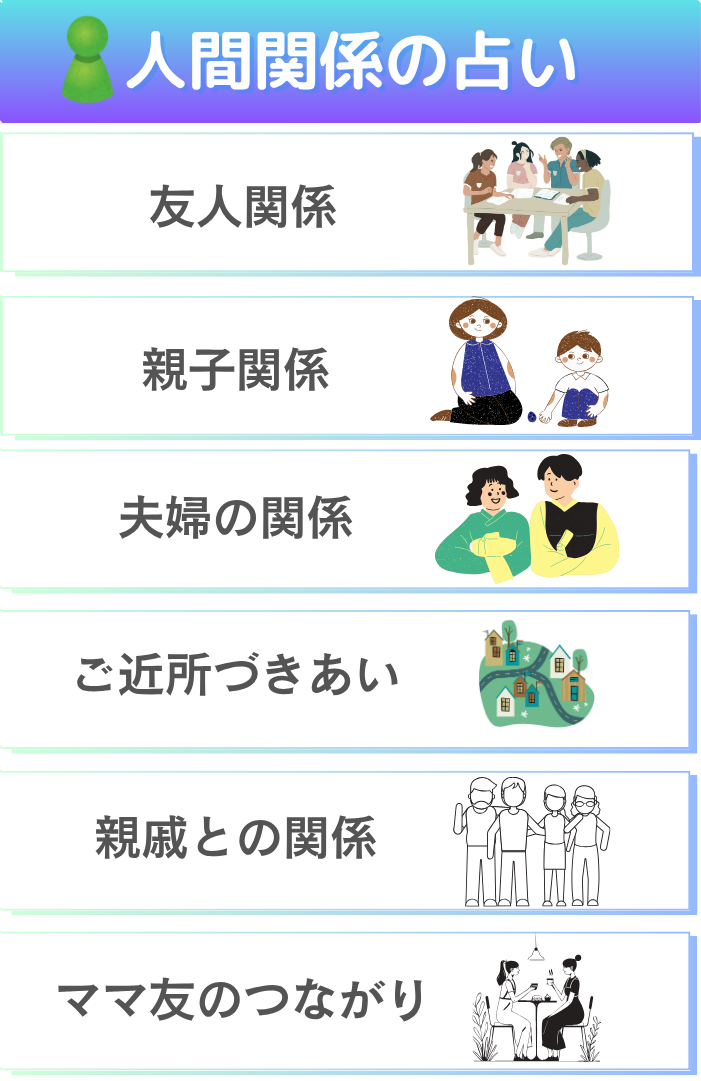 人間関係の占いで聞くことリスト|友人関係、親子関係、夫婦関係、ご近所づきあい、親戚との関係、ママ友のつながり