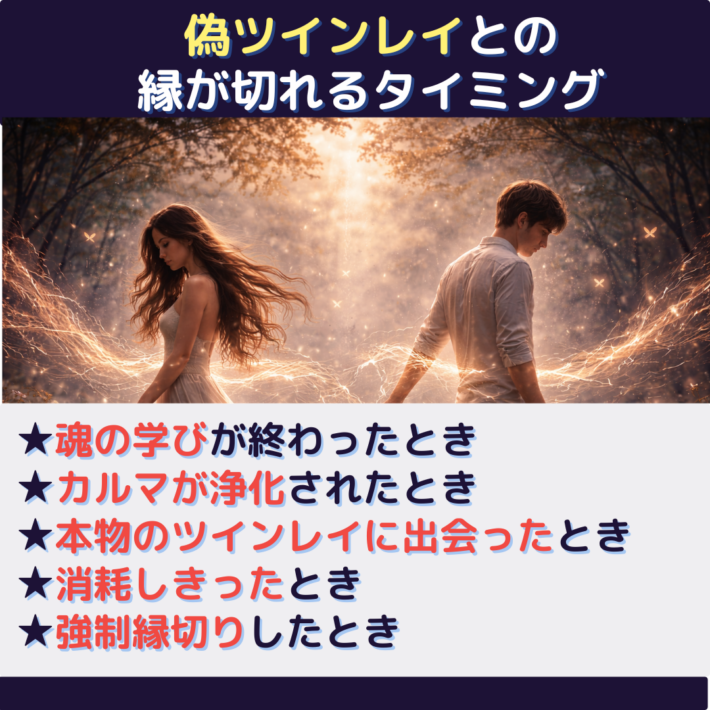 偽ツインレイとの縁が切れるタイミング①魂の学びが終わったとき ②カルマが浄化されたとき ③本物のツインレイに出会ったとき ④消耗しきったとき ⑤強制的に縁切りしたとき