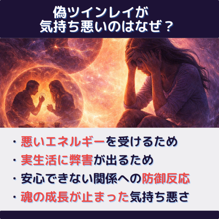 偽ツインレイが気持ち悪いのはなぜ？①悪いエネルギーを受けるため ②実生活に弊害が出るため ③安心できない関係への防御反応 ④魂の成長が止まった気持ち悪さ