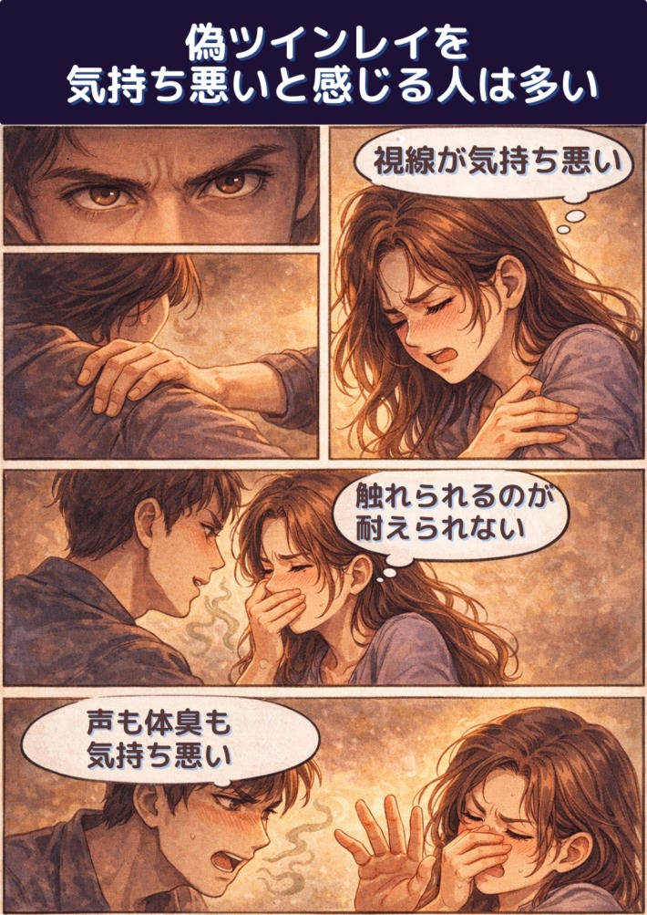 偽ツインレイを気持ち悪いと感じる人は多い。例：視線が気持ち悪い、触れられるのが耐えられない、声も体臭も気持ち悪い