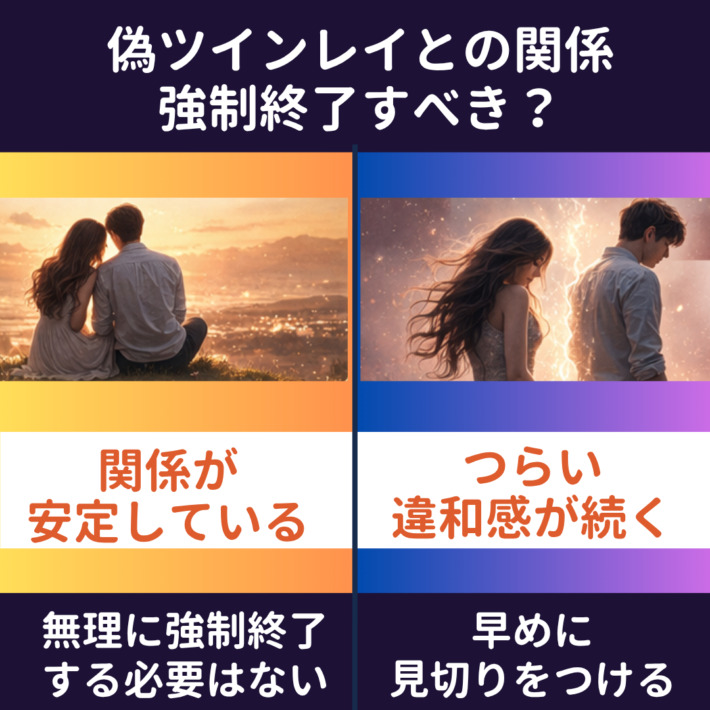偽ツインレイとの関係は強制終了すべき？①関係が安定しているなら、無理に強制終了する必要はない ②つらい違和感が続くなら早めに見切りをつける