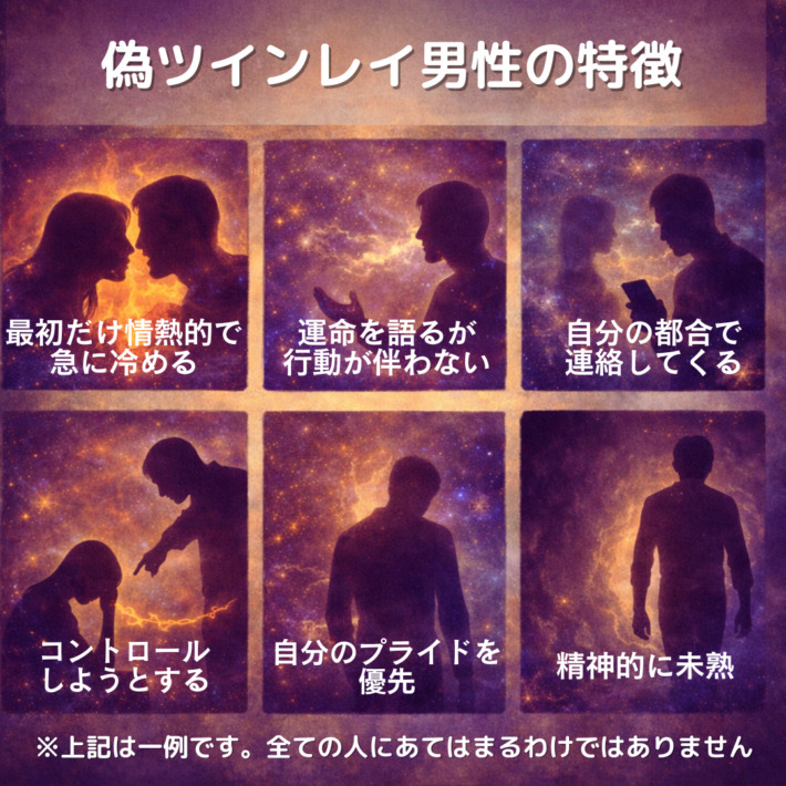 偽ツインレイ男性の特徴。最初だけ情熱的で急に冷める、運命を語るが行動が伴わない、自分の都合で連絡してくる、コントロールしようとする、自分のプライドを優先、精神的に未熟