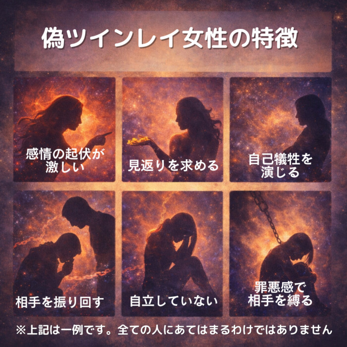 偽ツインレイ女性の特徴。感情の起伏が激しい、相手を振り回す、見返りを求める、自己犠牲を演じる、罪悪感で相手を縛る、自立していない