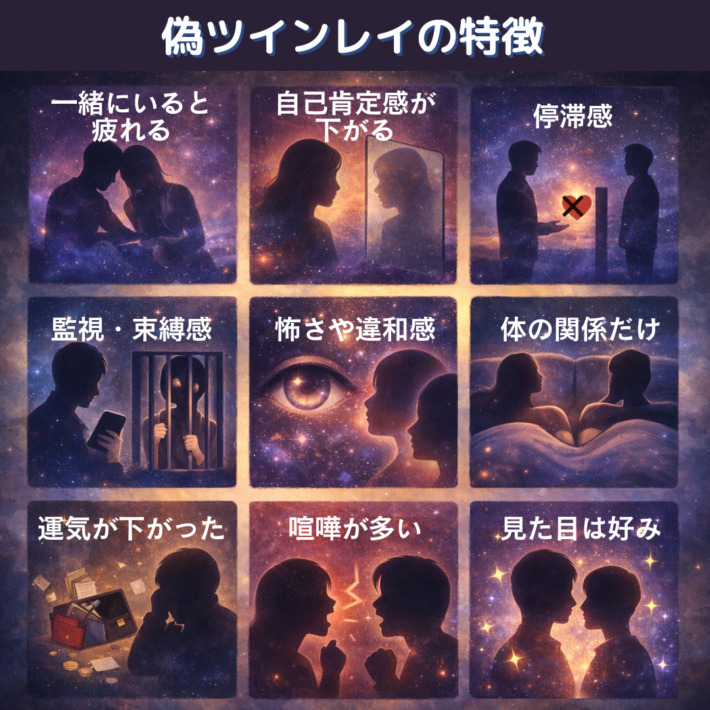偽ツインレイの特徴。一緒にいると疲れる、自己肯定感が下がる、停滞感、監視・束縛感、怖さや違和感、体の関係だけ、運気が下がった、喧嘩が多い、見た目は好み
