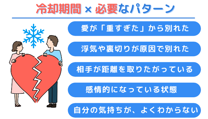 冷却期間が必要なパターンは、①愛が重すぎたから別れた ②浮気や裏切りが原因で別れた ③相手が距離を取りたがっている ④感情的になっている状態 ⑤自分の気持ちがよくわからない時