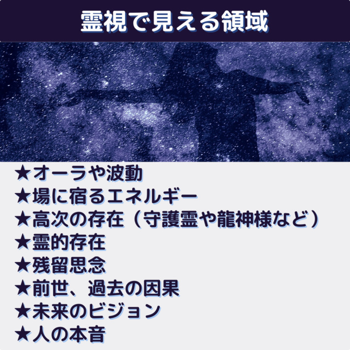 霊視で見える領域：オーラや波動、場に宿るエネルギー、高次の存在（守護霊や龍神様など）、霊的存在、残留思念、前世、過去の因果、未来のビジョン、人の本音