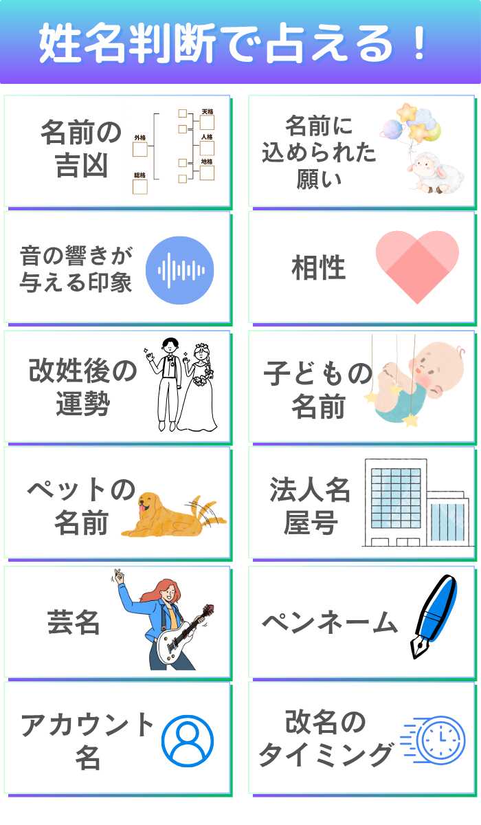 姓名判断で占えることのリスト。名前の吉凶、名前に込められた願いl音の響きが与える印象l相性、改姓後の運勢、子どもの名前、ペットの名前、法人名、屋号、芸名、ペンネーム、アカウント名、改名のタイミング
