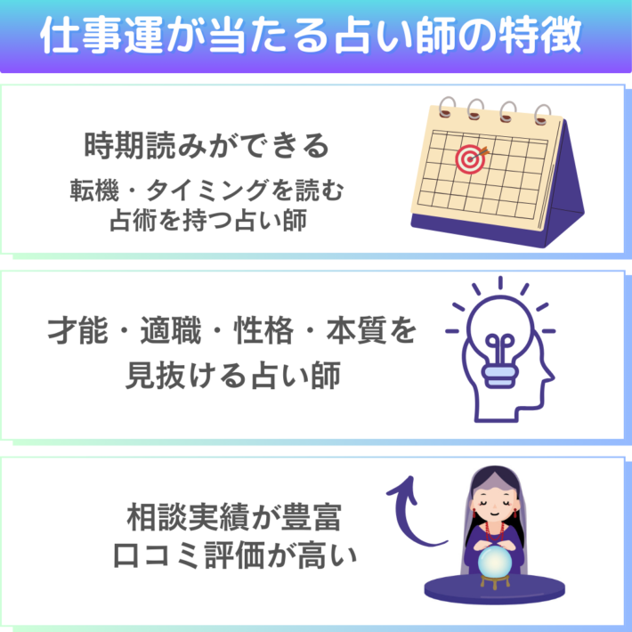 仕事運が当たる占い師の特徴①時期読みができる、転機やタイミングを読む占術を持つ占い師 ②才能・適職・性格・本質を見抜ける占い師 ③相談実績が豊富で口コミ評価が高い