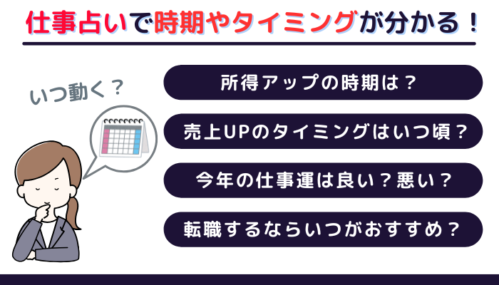 仕事占いで時期やタイミングが分かる！「所得アップの時期は？」「売上アップのタイミングはいつ頃？」「今年の仕事運は良い？悪い？」「天職するならいつがおすすめ？」「いつ動く？」と考え込む女性のイメージ画像