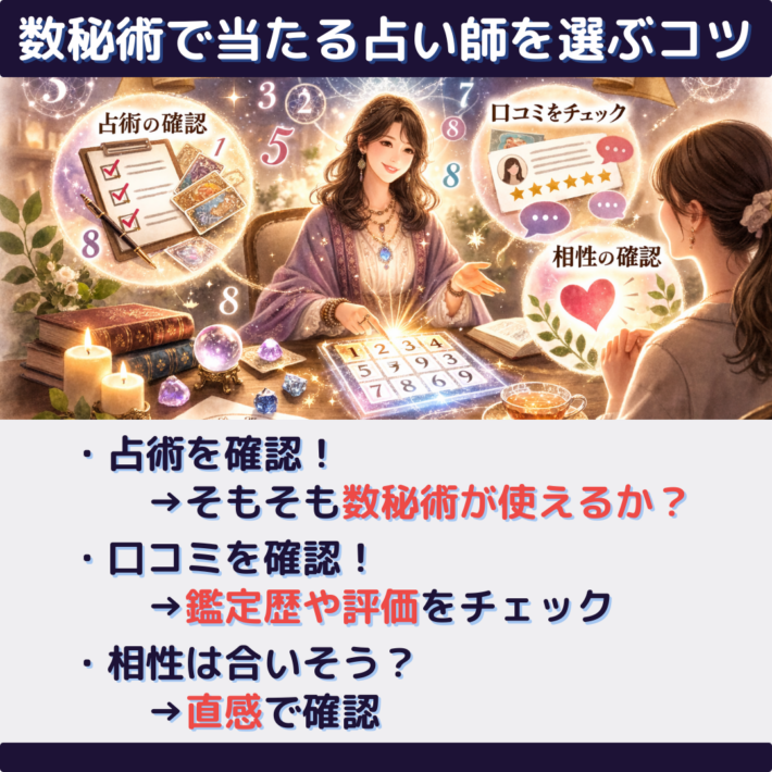 数秘術で当たる占い師を選ぶコツ①占術を確認！そもそも数秘術が使えるか？ ②口コミを確認！鑑定歴や評価をチェック ③相性は合いそう？直感で確認