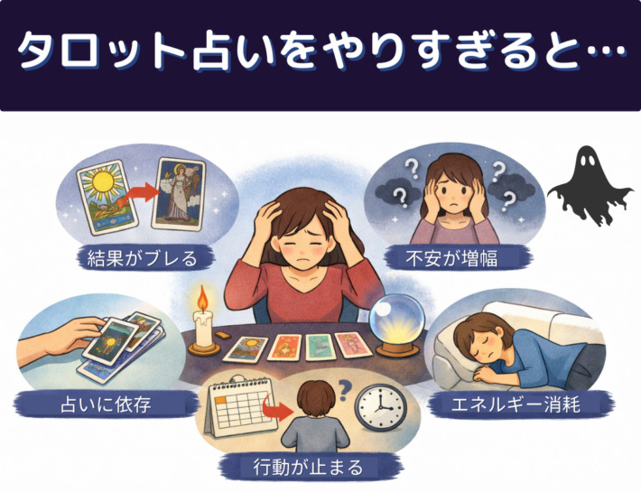 タロット占いをやりすぎると起こる弊害の図解。占いの結果がブレる、不安が増幅する、占いに依存、行動が止まる、エネルギーを消耗する