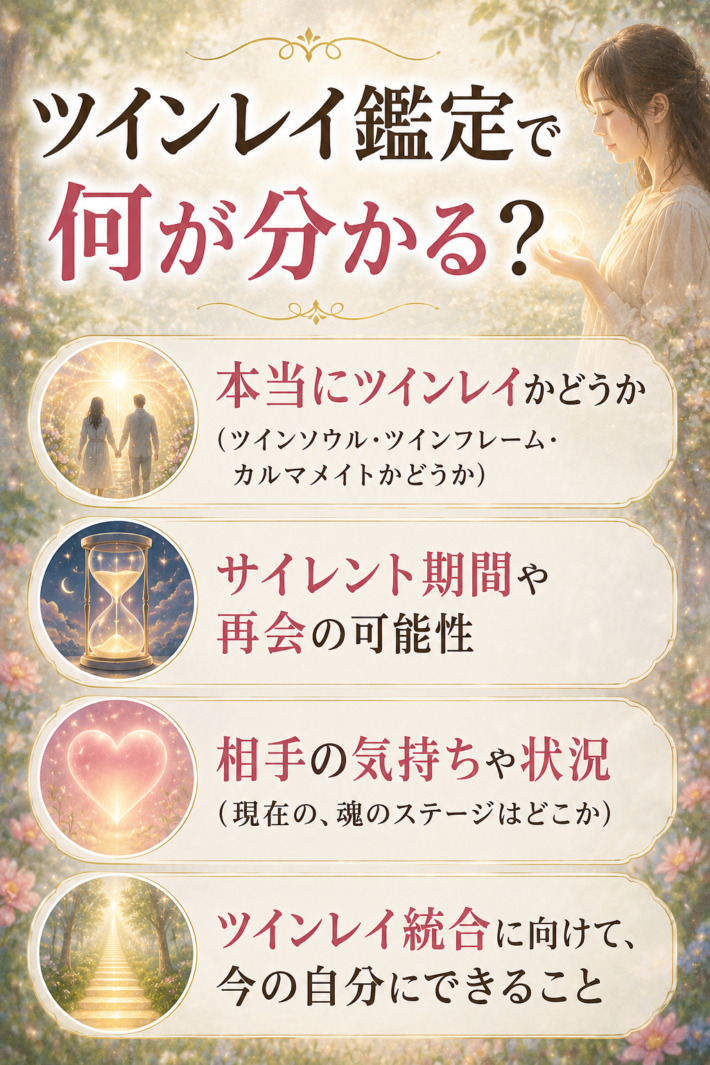 ツインレイ鑑定で何が分かる？①本当にツインレイかどうか（ツインソウル・ツインフレーム・カルマメイトかどうか）②サイレント期間や再会の可能性 ③相手の気持ちや状況（現在の、魂のステージはどこか）④ツインレイ統合に向けて、今の自分にできること