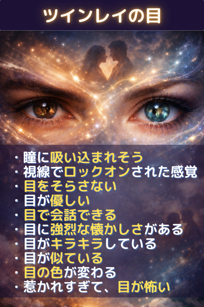ツインレイの目の特徴・瞳に吸い込まれそう ・視線でロックオンされた感覚・目をそらさない・目が優しい・目で会話できる・目に強烈な懐かしさがある・目がキラキラしている ・目が似ている・目の色が変わる・惹かれすぎて、目が怖い