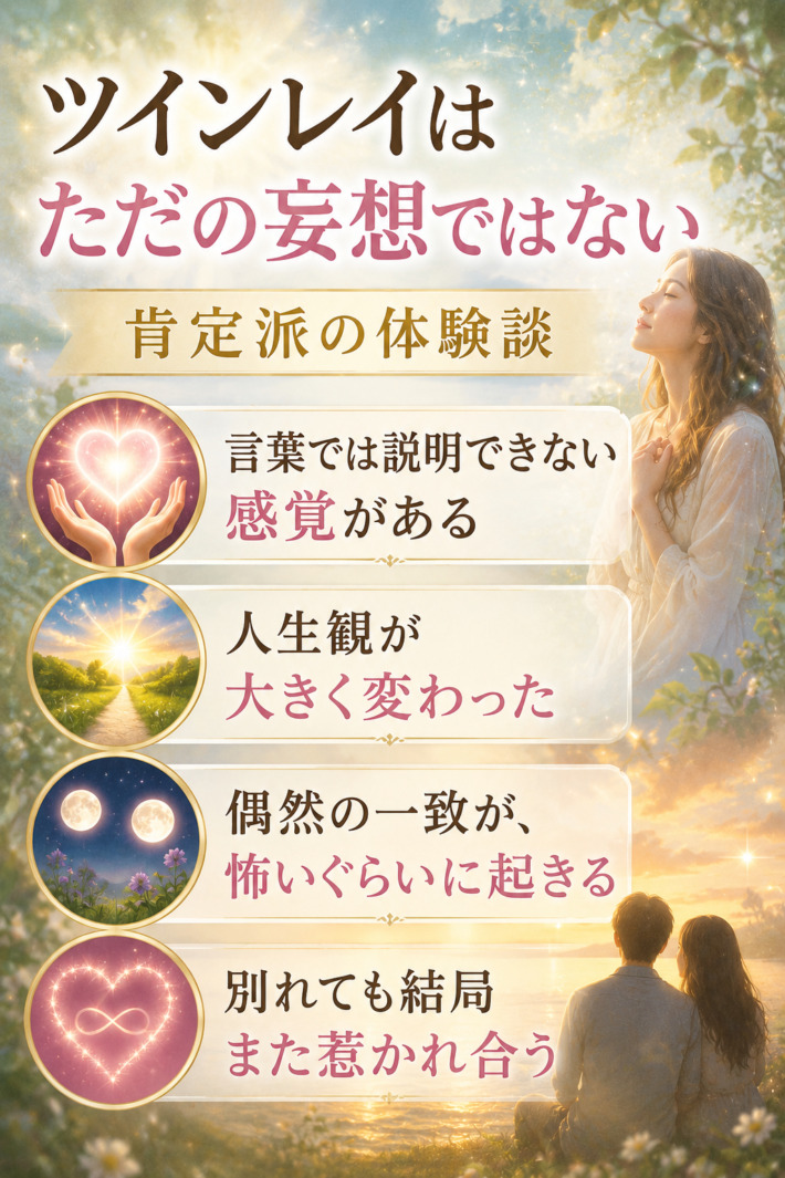 「ツインレイはただの妄想ではない」肯定派の体験談・言葉では説明できない感覚がある・人生観が大きく変わった・偶然の一致が、怖いぐらいに起きる・別れても結局また惹かれ合う