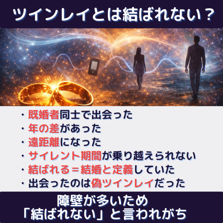 「ツインレイとは結ばれない」と言われる理由は、衝撃が多いため。事例：既婚者同士で出会った・年の差があった・遠距離になった・サイレント期間が、乗り越えられない・「結ばれる＝結婚」と定義していた・出会ったのは偽ツインレイだった