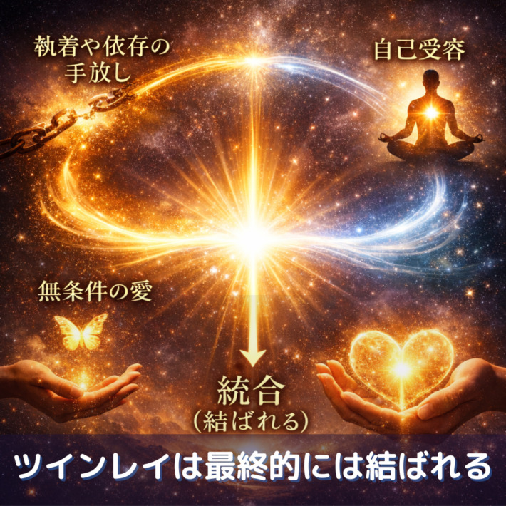 ツインレイ同士は最終的には結ばれる。執着や依存の手放し、自己受容、無条件の愛を経て、　ツインレイは最終的には結ばれる（統合）、のイメージ画像
