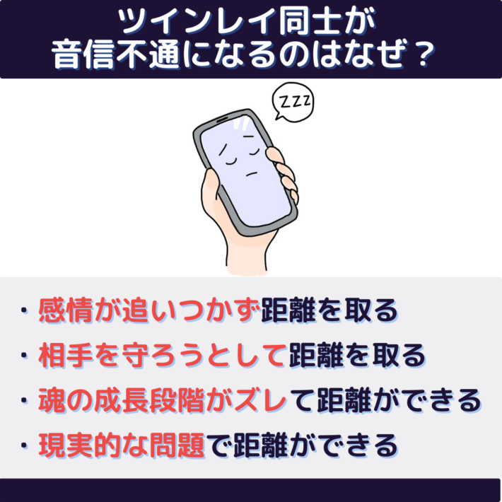 ツインレイ同士が音信不通になるのはなぜ？理由：感情が追いつかず距離を取る・相手を守ろうとして距離を取る・魂の成長段階がズレて距離ができる・現実的な問題で距離ができる