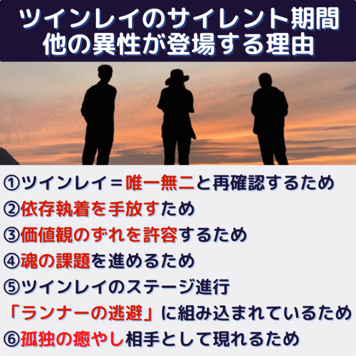 ツインレイのサイレント期間に他の異性が登場する理由：①ツインレイを唯一無二の存在と再確認するため ②依存執着を手放すため ③価値観のずれを許容するため ④魂の課題を進めるため ⑤ツインレイのステージ進行「ランナーの逃避」に組み込まれているため ⑥孤独の癒やし相手として現れるため