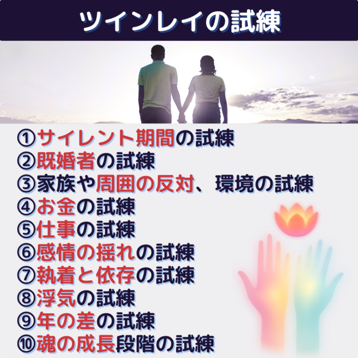 ツインレイの試練①サイレント期間の試練 ②既婚者の試練 ③家族や周囲の反対、環境、の試練 ④お金の試練 ⑤仕事の試練 ⑥感情の揺れの試練 ⑦執着と依存の試練 ⑧浮気の試練 ⑨年の差の試練 ⑩魂の成長段階の試練