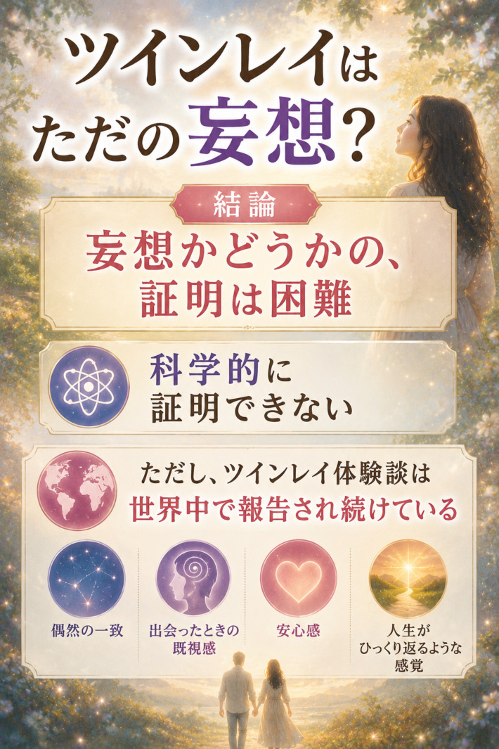 ツインレイはただの妄想？の結論：妄想かどうかの、証明は困難（科学的に証明できないため）ただし、ツインレイ体験談は世界中で報告され続けている。偶然の一致、出会ったときの既視感、安心感、人生がひっくり返るような感覚など