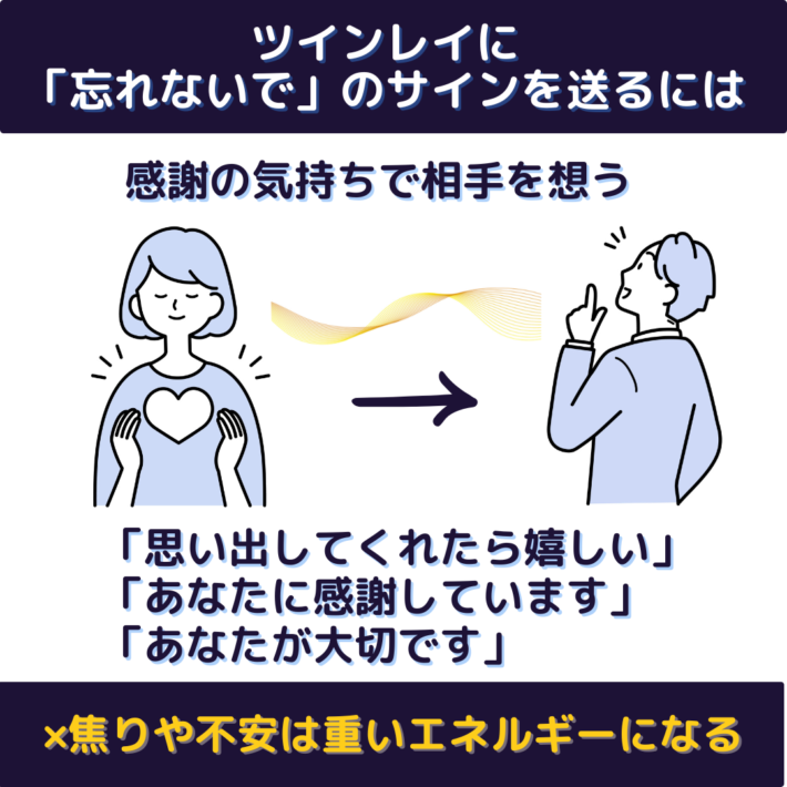 ツインレイに「忘れないで」のサインを送るには、感謝の気持ちで相手を想う。「思い出してくれたら嬉しい」「あなたに感謝しています」「あなたが大切です」など。焦りや不安は重いエネルギーになる