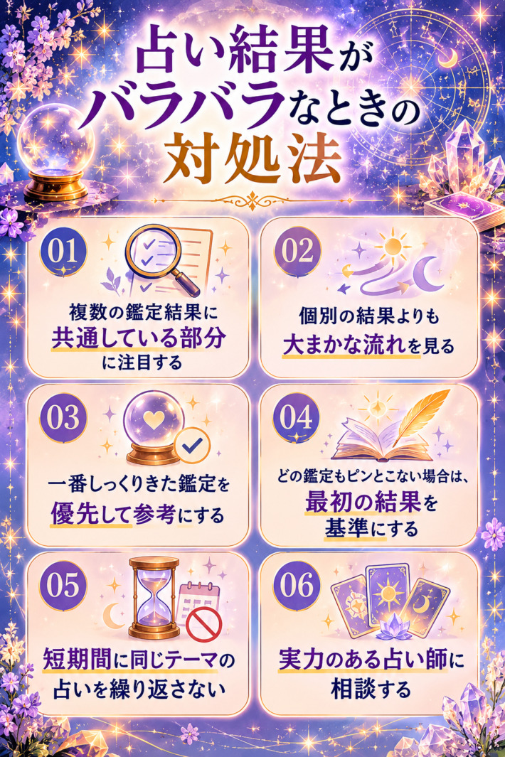 占い結果がバラバラなときの対処法。
①複数の鑑定結果に共通している部分に注目する ②個別の結果よりも大まかな流れを見る ③一番しっくりきた鑑定を優先して参考にする ④どの鑑定もピンとこない場合は、最初の結果を基準にする ⑤短期間に同じテーマの占いを繰り返さない ⑥実力のある占い師に相談する
