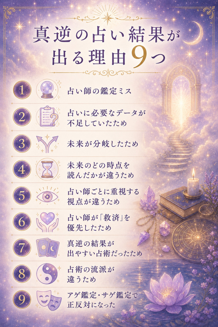 真逆の占い結果が出る理由。占い師の鑑定ミス、占いに必要なデータが不足していたため、
未来が分岐したため、未来のどの時点を読んだかが違うため、占い師ごとに重視する視点が違うため、占い師が「救済」を優先したため、真逆の結果が出やすい占術だったため、
占術の流派が違うため、アゲ鑑定・サゲ鑑定で正反対になった