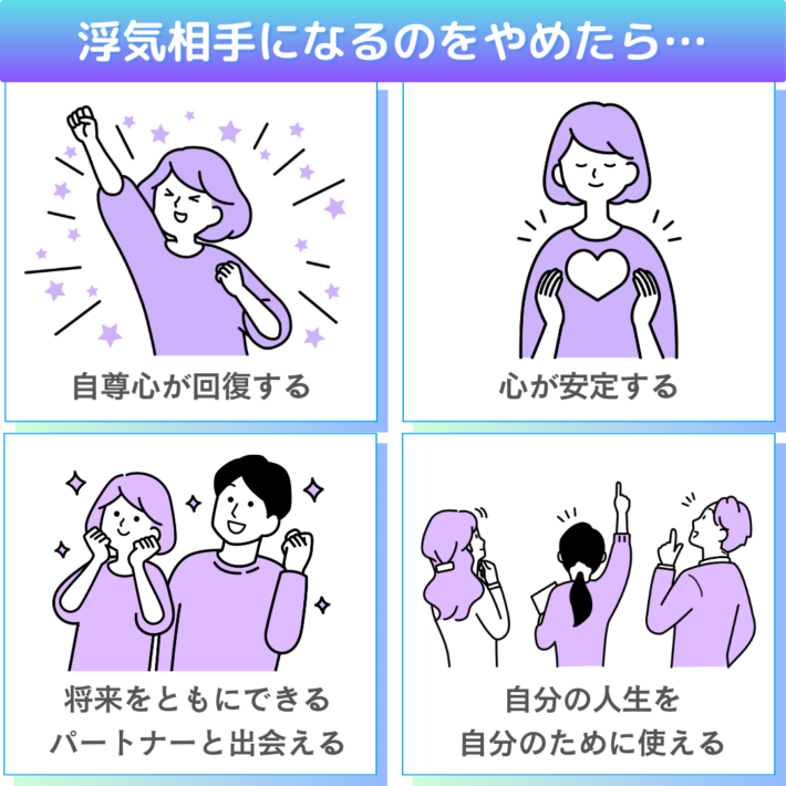浮気相手になるのをやめたら…①自尊心が回復する ②心が安定する ③将来をともにできるパートナーと出会える ④自分の人生を自分のために使える