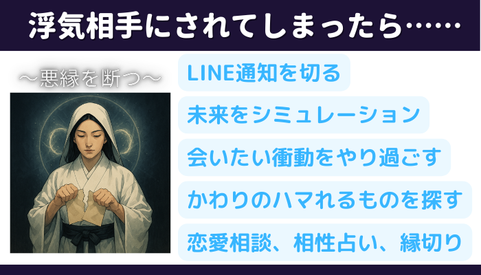 浮気相手にされてしまったら、悪縁を断つ。①LINE通知を切る ②未来をシミュレーション ③会いたい衝動をやり過ごす ④かわりのハマれるものを探す ⑤恋愛相談、相性占い、縁切り